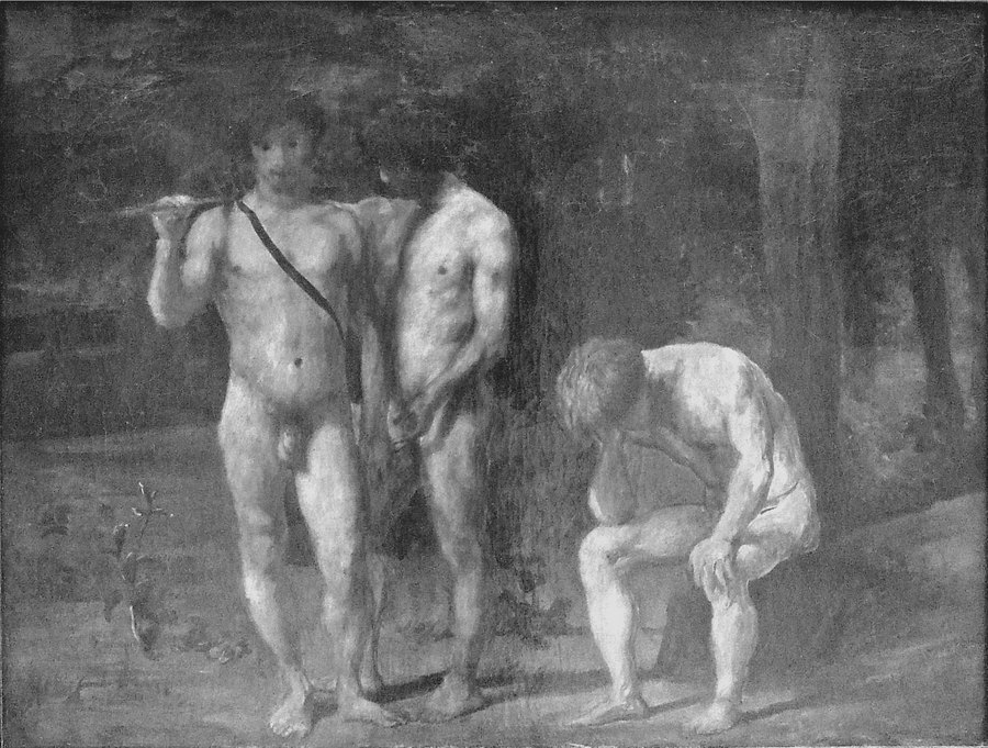 Hans von Marées: Drei Männer in der Landschaft, 1874, Öl auf Leinwand, Neue Pinakothek, München