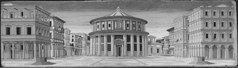 Unbekannt (ehemals Piero della Francesca zugeschrieben): Die ideale Stadt, um 1480, Galleria Nazionale delle Marche, Urbino